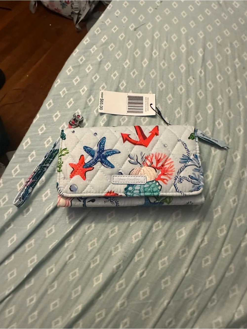 Vera Bradley Light Blue Quilted Wristlet with Nautical Seashell & Anchor Print